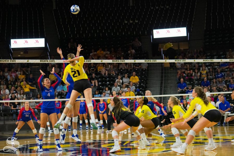 Wichita State sophomore Megan Taflinger goes up for a kill during Saturdays exhibition match against Kansas inside Charles Koch Arena.