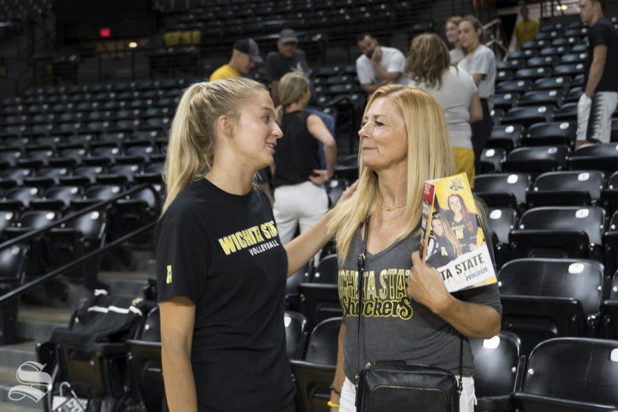 Wichita+State+freshman+Skylar+Goering+talks+to+her+mother+after+the+exhibition+match+against+Kansas+on+August+17+inside+Charles+Koch+Arena.