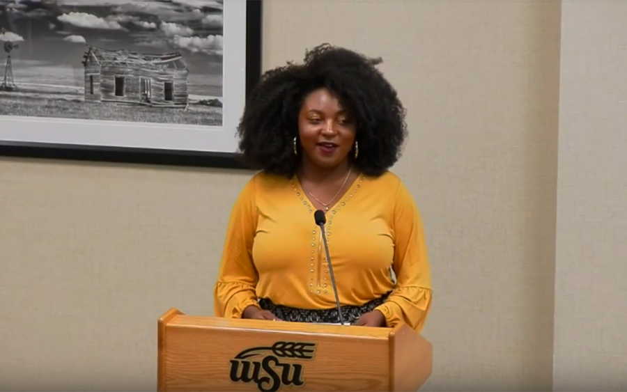 Star Billingsley, co-founder and president of the Black Academic Honor Society, speaks at the Wednesday 21 SGA meeting. Her group was one of four seeking RSO status. 