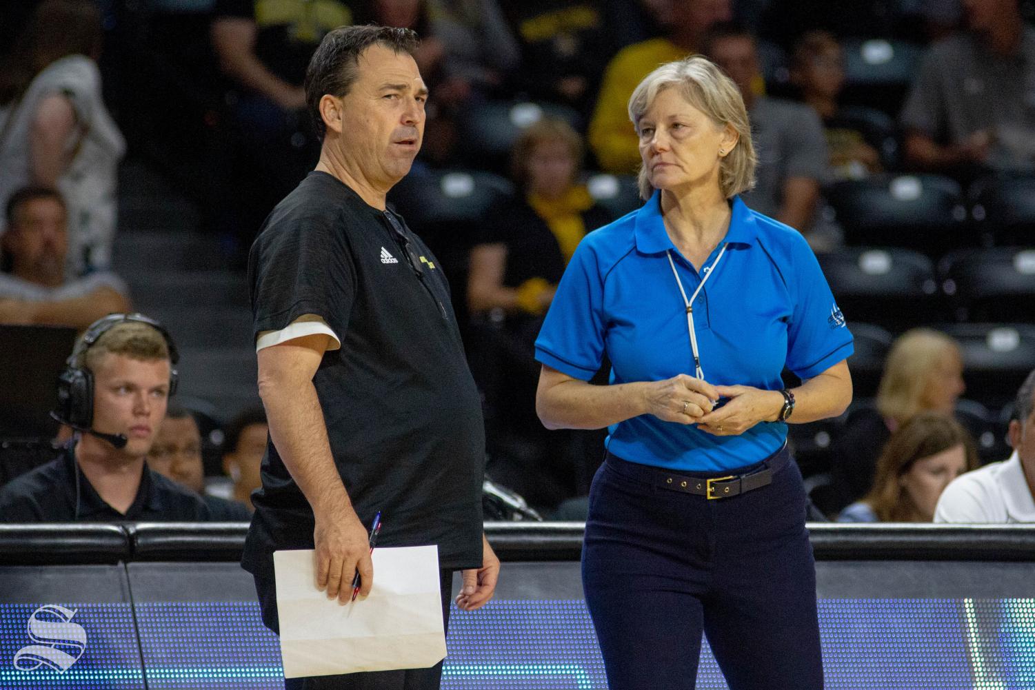 Shocker+head+coach+Chris+Lamb+speaks+with+a+referee+about+a+call+during+the+team%27s+home+opener+against+BYU.