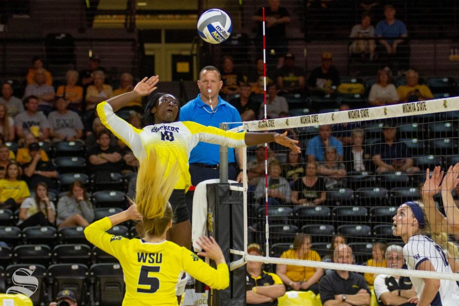 Wichita State redshirt freshman Chinelo Ogogor goes up for a kill against BYU.