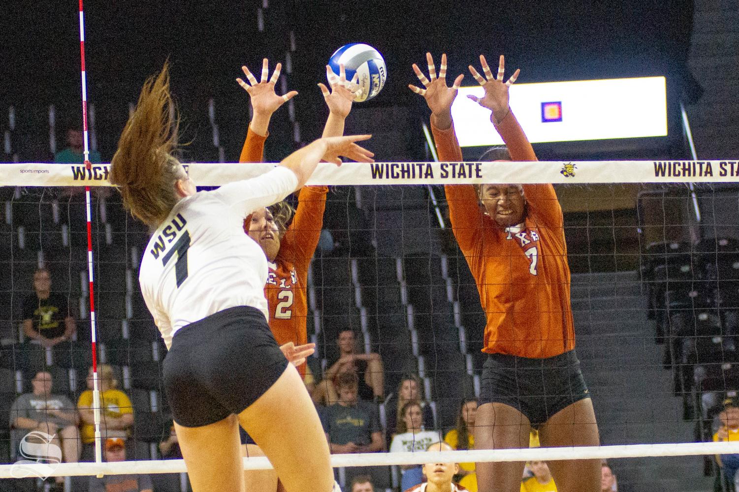 Wichita+State+freshman+Nicole+Anderson+follows+through+after+hitting+the+ball+against+Texas+on+Saturday+inside+Charles+Koch+Arena.