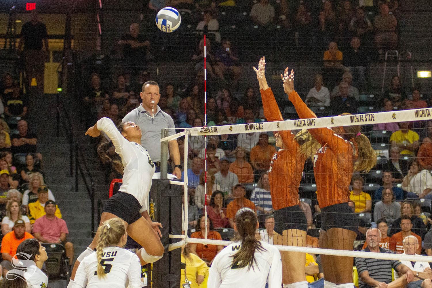 Wichita+State+freshman+Sina+Uluave+goes+up+for+a+kill+against+Texas+on+Saturday.