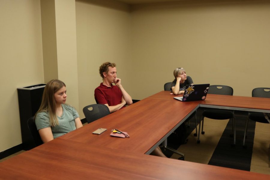 Attendees to FOCUSs first meeting listen and discuss the weeks topic, this weeks being abortion. From left to right: Annalee Pellicotte, Nathan Bales and Mady Baker.
