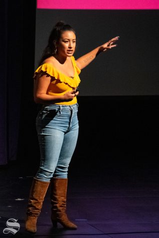 Kat Lazo speaks to a crowd about the discrimination and privilege of and within the Latinx community during the Take the Lead Reception on Sept. 19 at the CAC Theater. Lazou is most known for her work as a video producer for the digital platform mitú.
