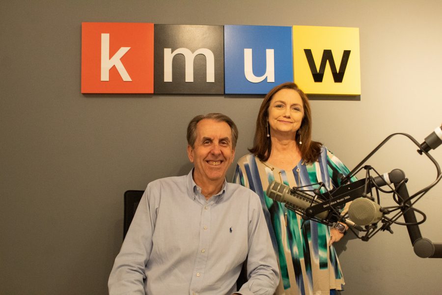 Tom Shine, KMUW director of news and public affairs, poses for a photo with General Manager Debra Fraser. Under their leadership, the radio station was recognized as station of the year for the sixth year in a row.