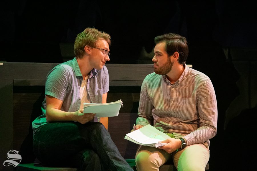 Ciaran Schaedtler (Jesse) looks to Trevor Seyl (Parker) during a rehearsal of Love Me or Leave Me on Sept. 16 at Welsbacher Theatre. The scene shows a flashback of when the two first met and planned a date.