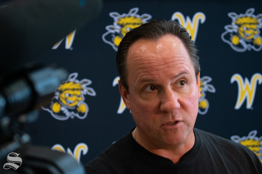 Wichita State mens basketball coach Gregg Marshall responds to a question during a press event before the teams first practice of the season on Sept. 24, 2019 at the south Koch Arena Concourse.