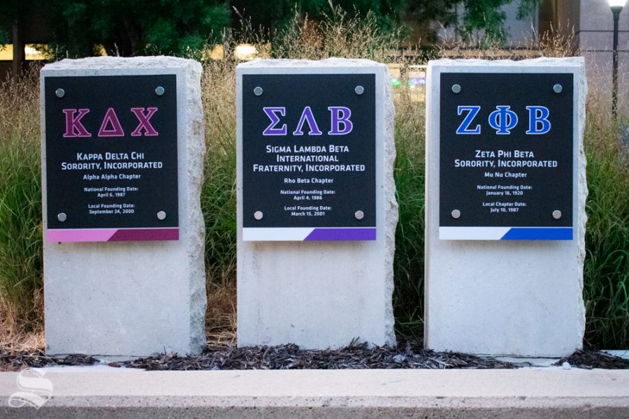The Kappa Delta Chi, Sigma Lambda Beta and Zeta Phi Beta pillars reside in the Multicultural Greek Council quad near the east entrance of the Rhatigan Student Center. The MGC will host a candlelight vigil at the quad this Friday.