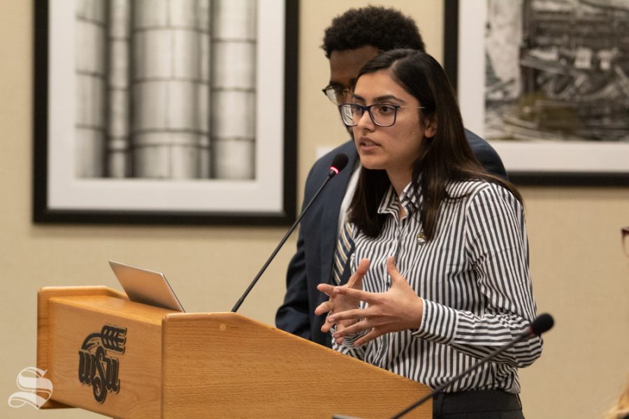 LAS Sen. Rija Khan speaks at the Wednesday SGA meeting. She and Sen. Zachary James presented a resolution to condemn a bias incident that occurred Saturday at a Greek life event.