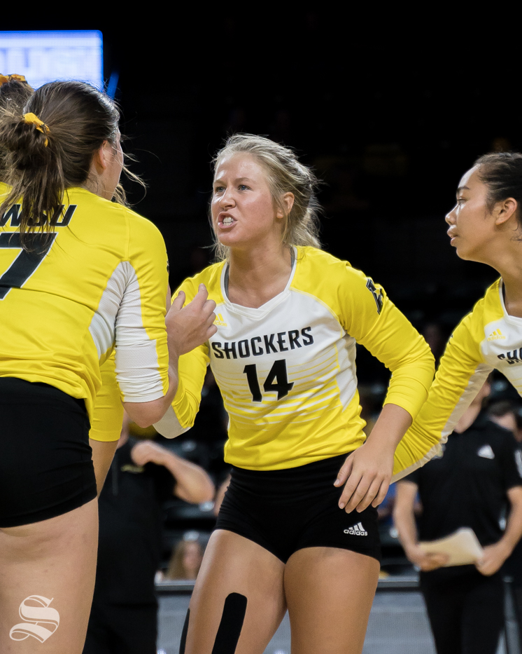 Wichita+State+junior+Mckayla+Wuensch+gets+hyped+after+the+team+scores+on+BYU.+The+game+was+held+at+Koch+Area.