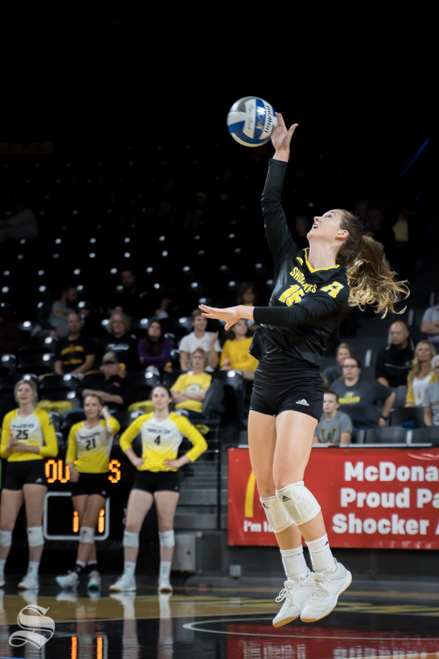 Wichita+State+senior+Kara+Bown+sets+the+ball+during+the+game+against+BYU.