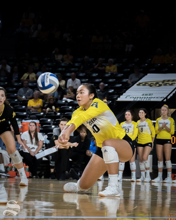 Wichita State freshman Sina Uluave digs a ball during the game against BYU on September 12, 2019 at Koch Arena.