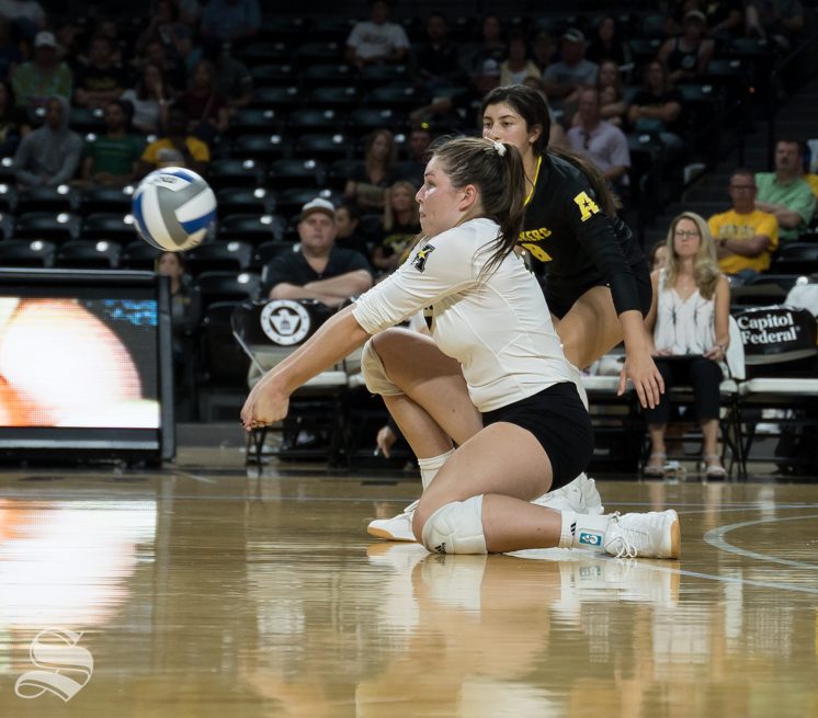 Wichita+State+freshman+Nicole+Anderson+digs+the+ball+during+the+game+against+Texas+on+September+14%2C+2019+at+Koch+Arena.