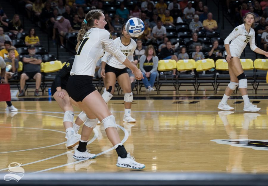 Wichita+State+freshman+Sina+Uluave+digs+the+ball+during+the+game+against+Texas+on+September+14%2C+2019+at+Koch+Arena.