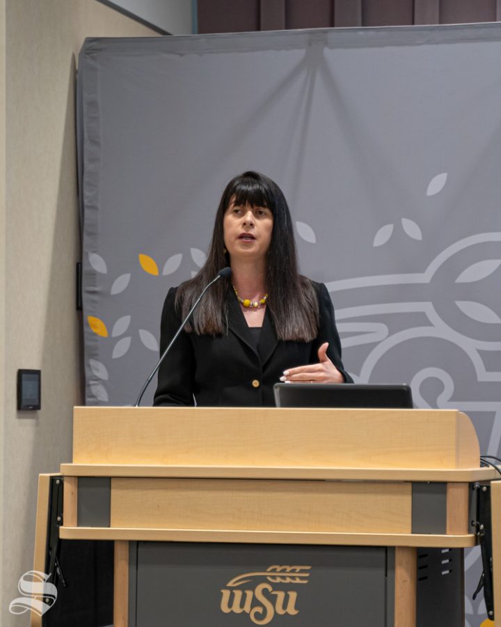 WSU Weekly Briefing featured Barton School business dean Larisa Genin. The briefing was held on Thursday, Sept 26 2019 in the Marcus Welcome Center.