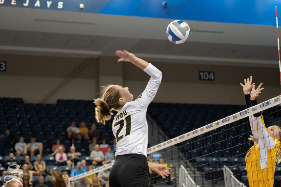 Wichita+State+redshirt+sophomore+Megan+Taflinger+goes+up+for+a+kill+during+the+game+against+Wyoming+on+September+20%2C+2019+at+D.J.+Soko+arena.