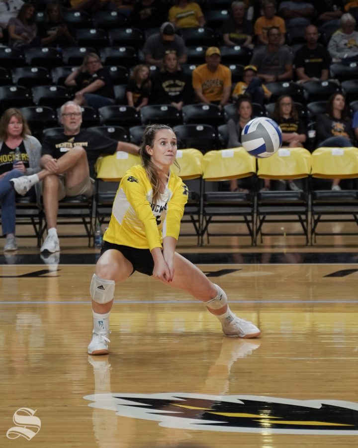 Wichita State senior Kara Bown digs the ball during the game against Cincinnati on September 29, 2019 at Koch Arena.