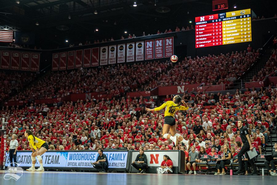 Wichita+State+freshman+Sina+Uluave+serves+the+ball+during+the+game+against+Nebraska+on+September+21%2C+2019+at+Bob+Devaney+Sports+Center.