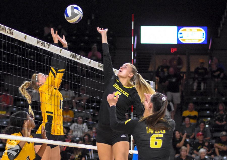 Wichita State freshman Kayce Litzau attempts to save the ball during the Shockers game against VCU on Friday inside Charles Koch Arena.