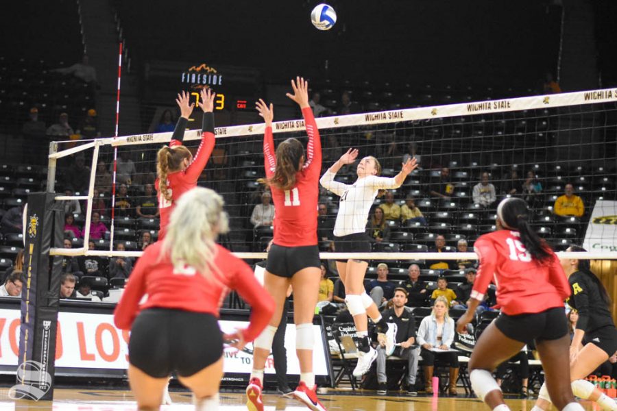 Wichita State redshirt sophomore Megan Taflinger goes up for a kill against Houston on Friday inside Charles Koch Arena.