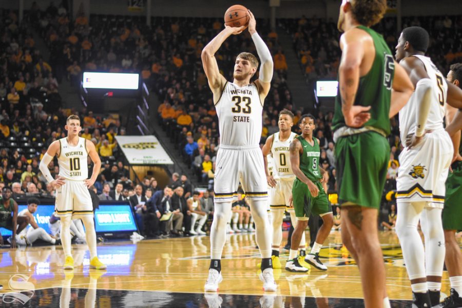Wichita States Asbjørn Midtgaard goes up for a free throw during the first half of the exhibition game against the Riverhawks on Oct. 29.