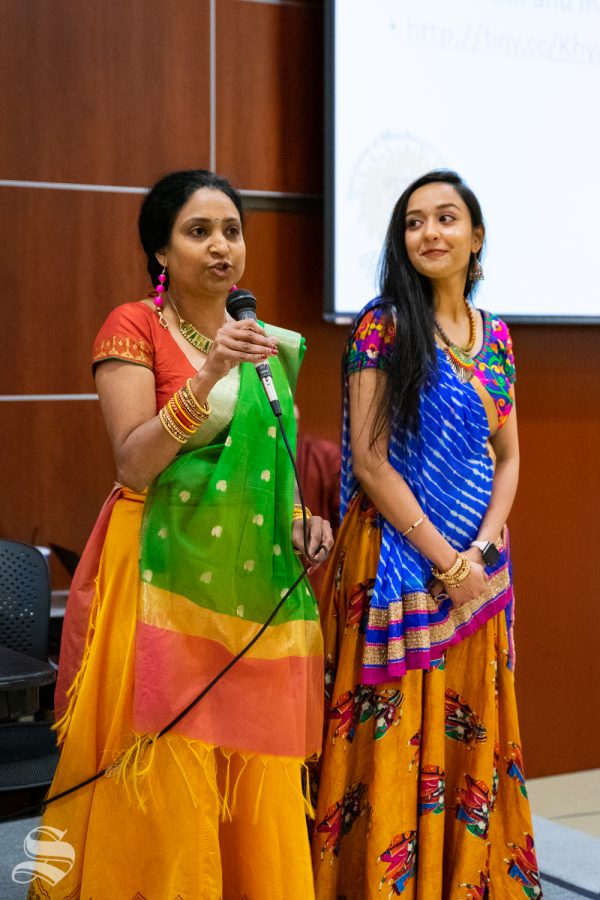 Khyati Mahavadia receives applause for winning Miss Wichita India 2019 during the Garba Night event on Oct. 5 in the Rhatigan Student Center.