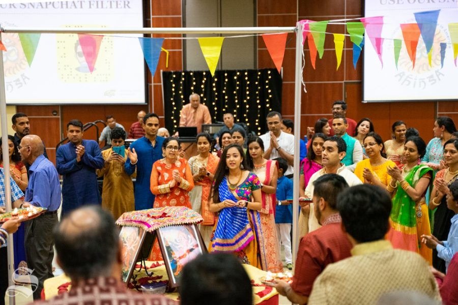 Khyati Mahavadia stands in front of an Altar during the Garba Night event on Oct. 5 in the Rhatigan Student Center.