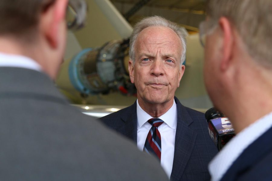 U.S. Sen. Jerry Moran takes questions from press Thursday after a tour of Textron Aviation East with Secretary of State Mike Pompeo and Ivanka Trump. Moran said he does not know enough about a recent testimony in the impeachment inquiry to have an opinion. 