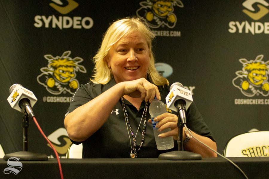 Wichta State head coach Keitha Adams speaks to the media after the Black and Yellow Scrimmage on Saturday inside Charles Koch Arena.
