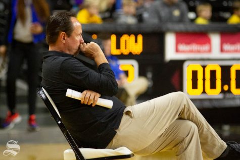 Head Coach Gregg Marshall watches the Black and Yellow Scrimmage on Saturday inside Charles Koch Arena.