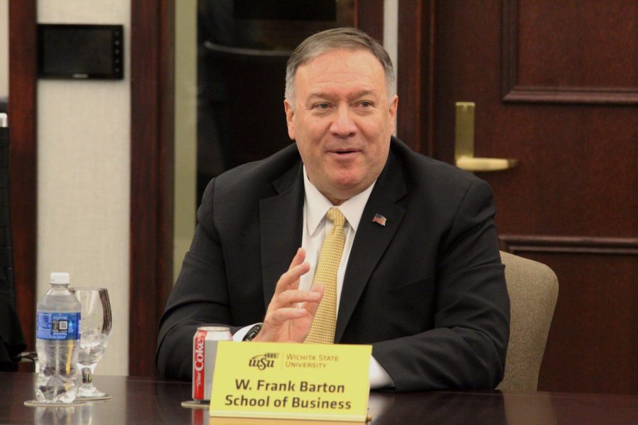 Secretary+of+State+Mike+Pompeo%2C+who+got+his+start+as+an+entrepreneur+in+Wichita%2C+speaks+on+Friday+to+primarily+business+students+during+a+roundtable+at+the+Woodman+Alumni+Center.+He+visited+Wichita+State+as+part+of+he+and+Ivanka+Trumps+visit+to+Kansas+this+week.