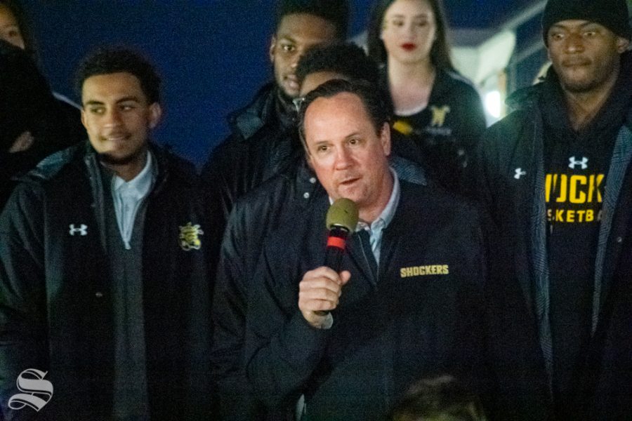 Gregg Marshall speaks to the crowd during the Pep Rally on Friday, Oct. 25 at Braeburn Square.