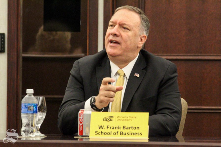 Secretary of State Mike Pompeo, who got his start as an entrepreneur in Wichita, speaks on Friday to primarily business students during a roundtable at the Woodman Alumni Center. He visited Wichita State as part of he and Ivanka Trumps visit to Kansas this week.