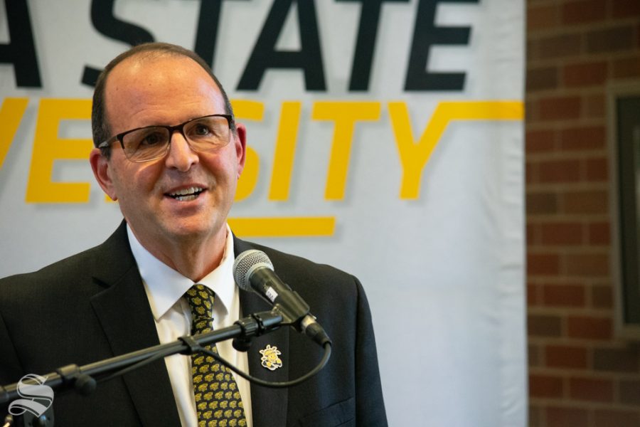 Wichita States new President Jay Golden speaks at a press conference on Thursday. Golden, formerly a vice chancellor at East Carolina University, was selected by the Kansas Board of Regents in a closed search process. 