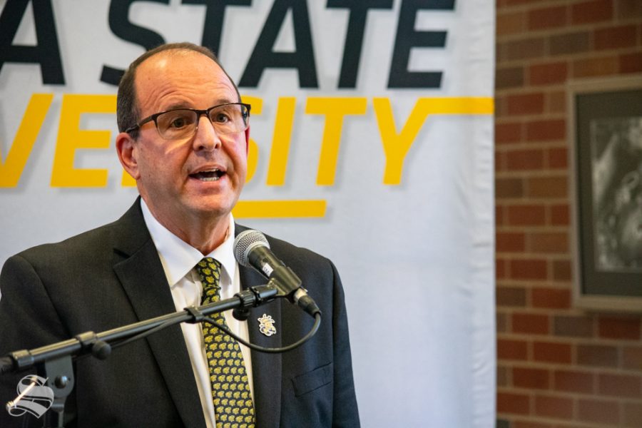 Jay Golden, the new president of Wichita State University, answers questions from members of the press on Thursday, Oct. 31 in the Rhatigan Student Center.