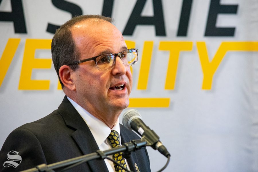 Jay Golden, the new president of Wichita State University, answers questions from members of the press on Thursday, Oct. 31 in the Rhatigan Student Center.