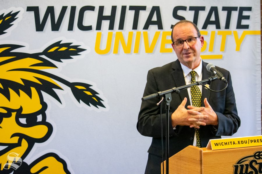 Jay+Golden%2C+the+new+president+of+Wichita+State+University%2C+answers+questions+from+members+of+the+press+on+Thursday%2C+Oct.+31+in+the+Rhatigan+Student+Center.+Golden+previously+served+as+the+vice+chancellor+for+the+Division+of+Research%2C+Economic+Development+and+Engagement+at+East+Carolina+University.