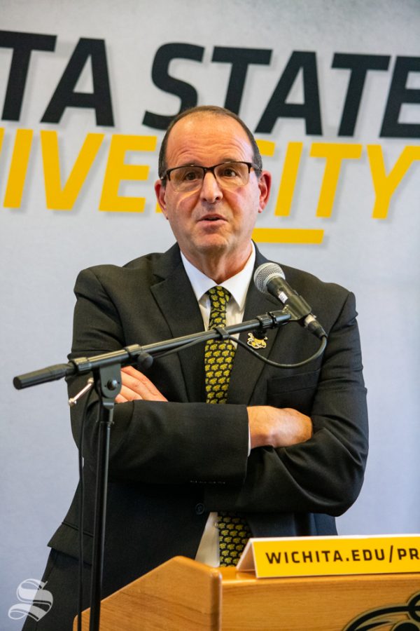Jay Golden, the new president of Wichita State University, answers questions from members of the press on Thursday, Oct. 31 in the Rhatigan Student Center. Golden previously served as the vice chancellor for the Division of Research, Economic Development and Engagement at East Carolina University.