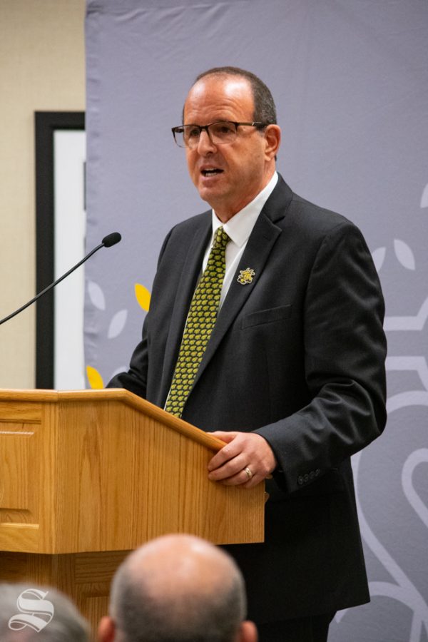 Jay Golden speaks to the presidential announcement attendees about his selection as the new president of Wichita State University on Thursday, Oct. 31 at the Rhatigan Student Center.