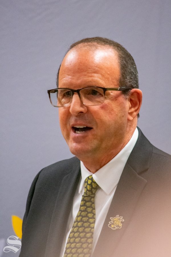 Jay Golden speaks to the presidential announcement attendees about his selection as the new president of Wichita State University on Thursday, Oct. 31 at the Rhatigan Student Center.