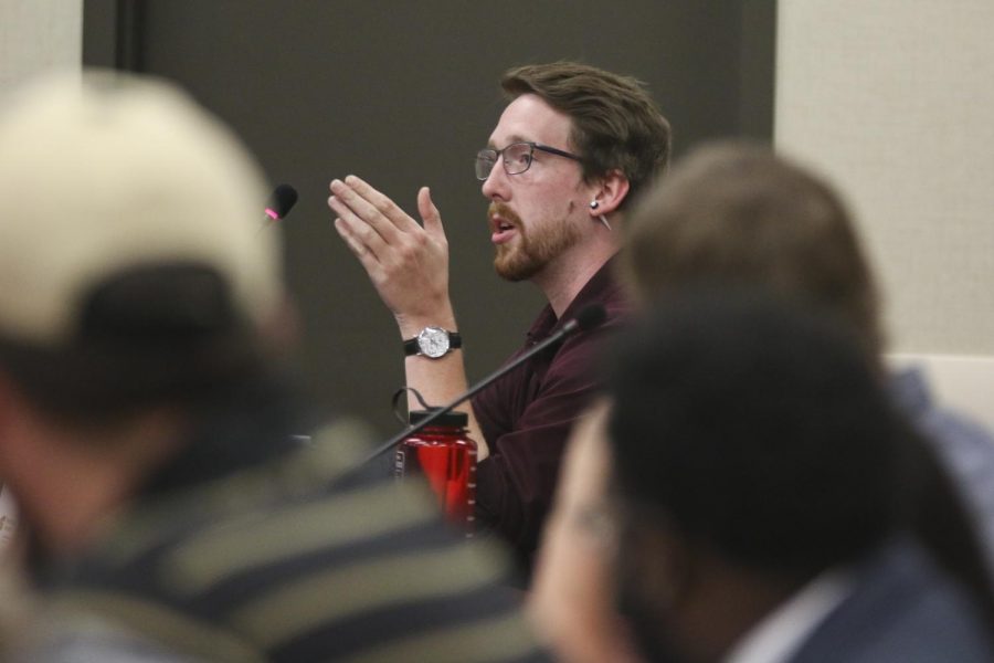 Senator Mathew Tucker asks a question during public forum at the SGA session held on Wednesday, Oct. 2, 2019.