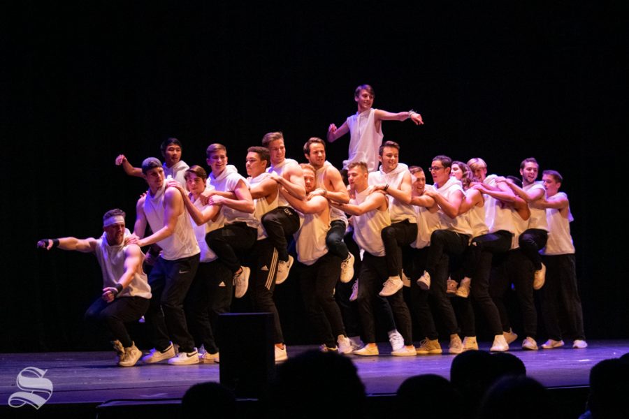 Sigma Alpha Epsilon members perform their routine during Songfest on Saturday, Oct. 26 at the Orpheum Theatre. Sigma Alpha Epsilon placed first in Songfest and placed first in the Shocktoberfest competition.