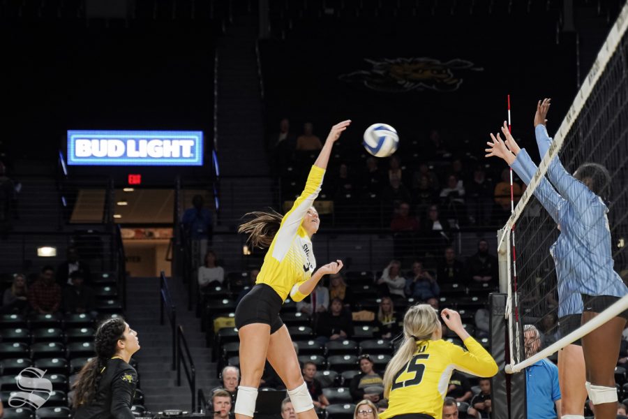 Wichita State redshirt freshman Brylee Kelly goes up for a kill during the game against Tulane on October 13, 2019 at Koch Area.