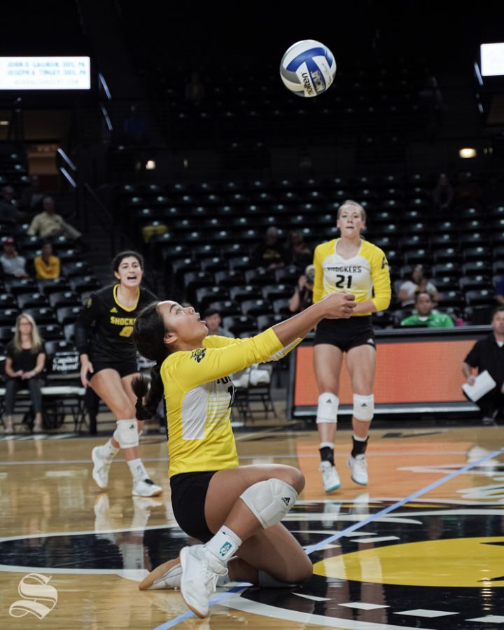 Wichita State freshman Sinalaulii Uluave digs the ball during the game against Tulane on Sunday, Oct. 13 at Koch Area.