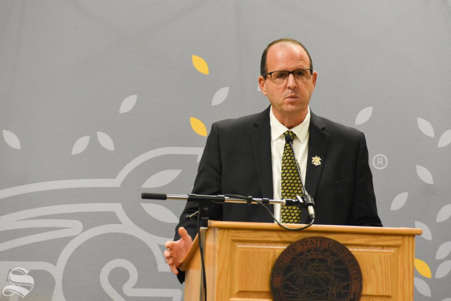 Jay Golden, the new president of Wichita State University, gives his first public address to the university on Thursday, Golden, formerly a vice chancellor at East Carolina University, was selected by the Kansas Board of Regents in a closed search process.