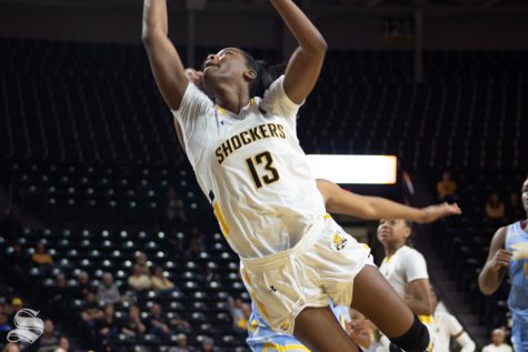 Raven Prince gets two points to help the Shockers during the game against the Southern Jaguars on Sunday, Nov. 1 at Charles Koch Arena.