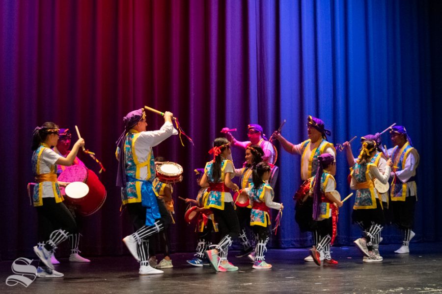 Okinawa Karate Dojo members perform an Eisa Drum Dance during Japanese Culture Night on Friday, Nov. 1 at the CAC Theater.