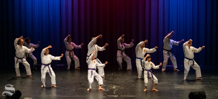 Okinawa Karate Dojo members perform a karate demonstration during Japanese Culture Night on Friday, Nov. 1 at the CAC Theater.