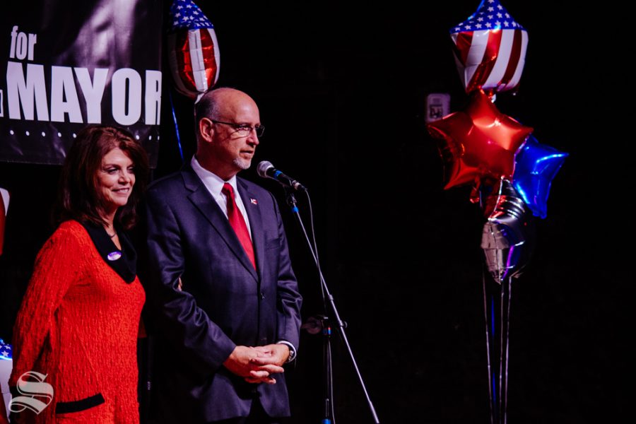 Susie and Jeff Longwell take the stage at WAVE in downtown Wichita on Tuesday, Nov. 5 during the Longwell mayoral watch party. Longwell lost the race and Brandon Whipple will be the next Mayor of Wichita.